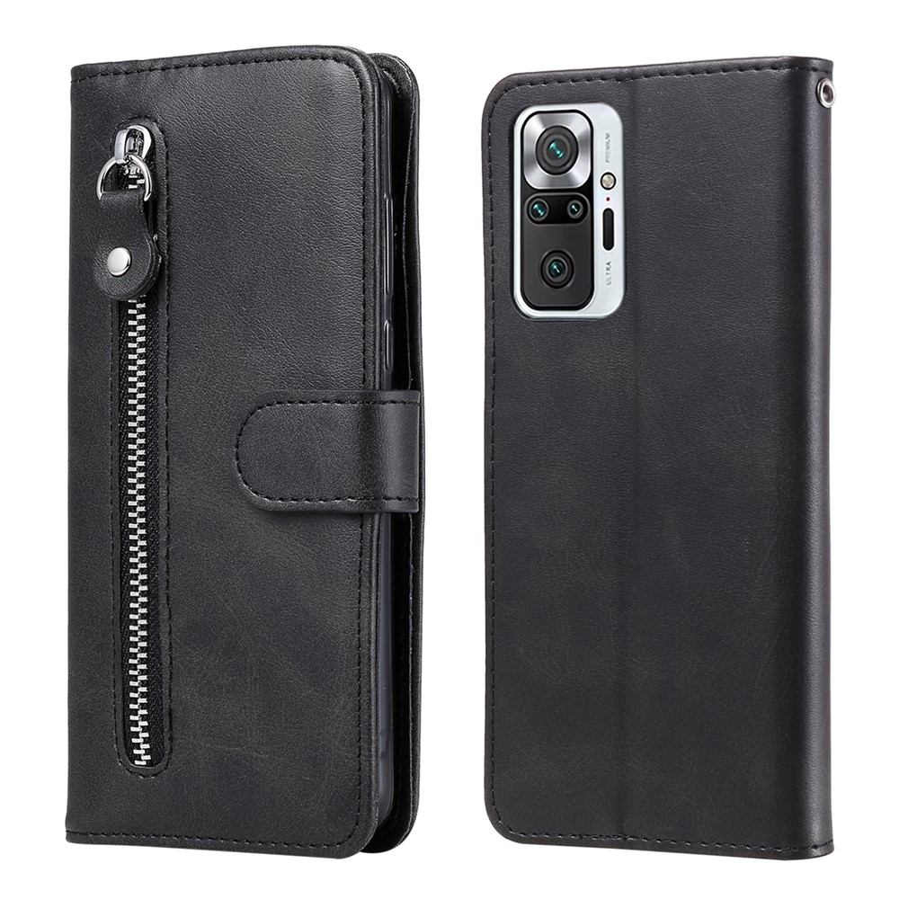 Zipper Pocket Design Wallet Stand Leather Protective Phone Case Shell for Xiaomi Redmi Note 10 Pro / Note 10 Pro Max - Black-1