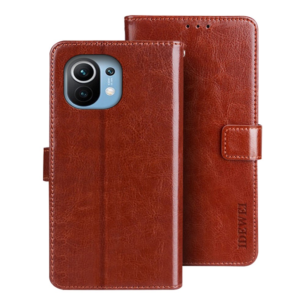 IDEWEI Folio Flip Crazy Horse Texture Leather Phone Cover Casing for Xiaomi Mi 11 Lite 5G / 4G - Brown-1