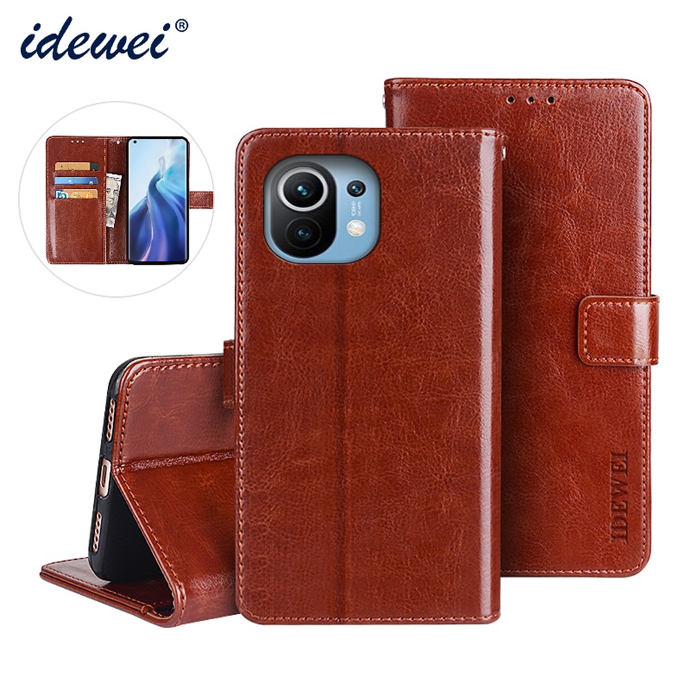 IDEWEI Folio Flip Crazy Horse Texture Leather Phone Cover Casing for Xiaomi Mi 11 Lite 5G / 4G - Brown-11