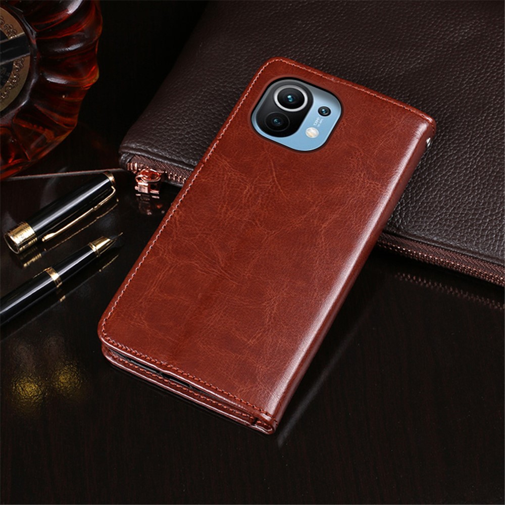 IDEWEI Folio Flip Crazy Horse Texture Leather Phone Cover Casing for Xiaomi Mi 11 Lite 5G / 4G - Brown-5