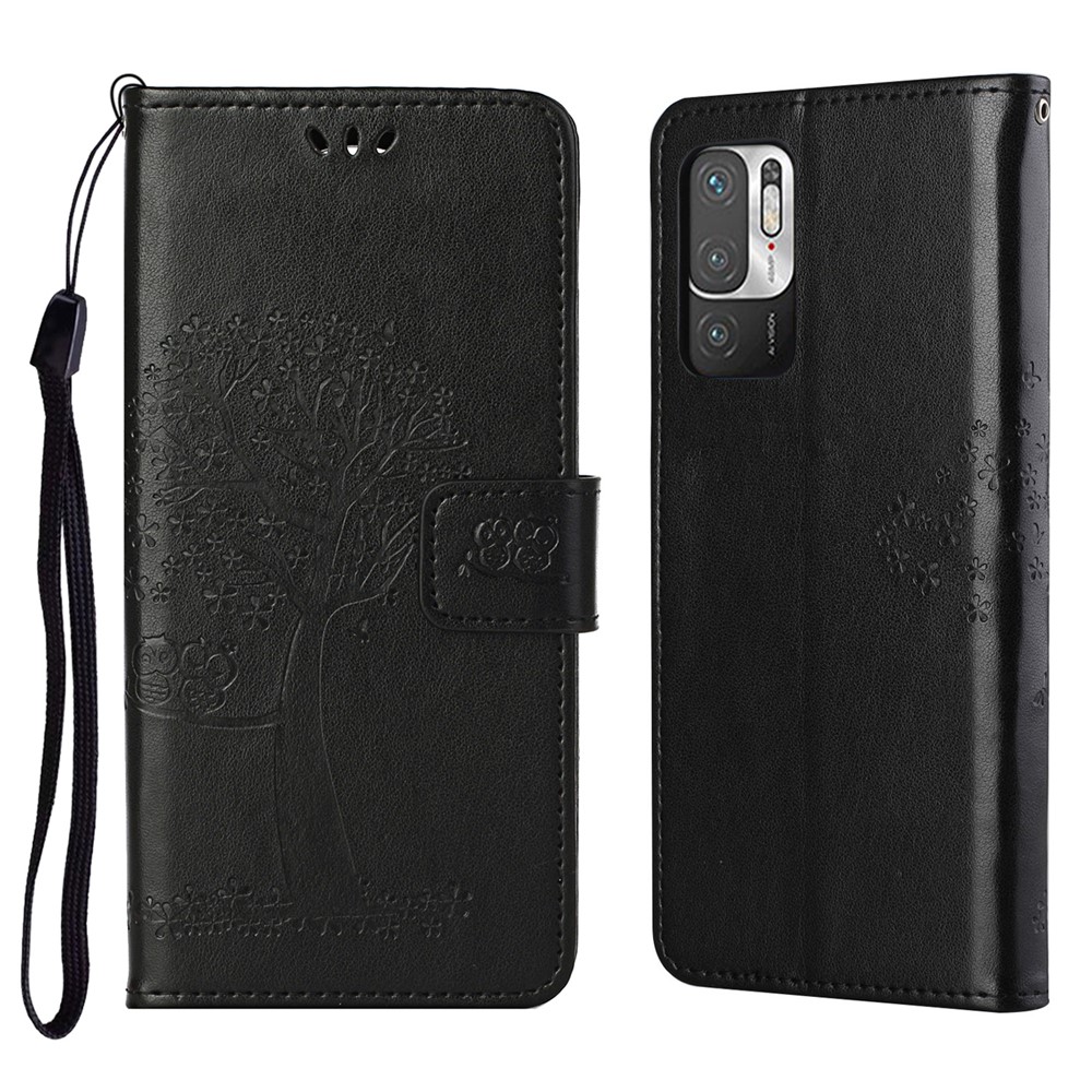 Owl Tree Pattern Imprint Leather Wallet Stand Phone Cover Case for Xiaomi Redmi Note 10 5G - Black-1