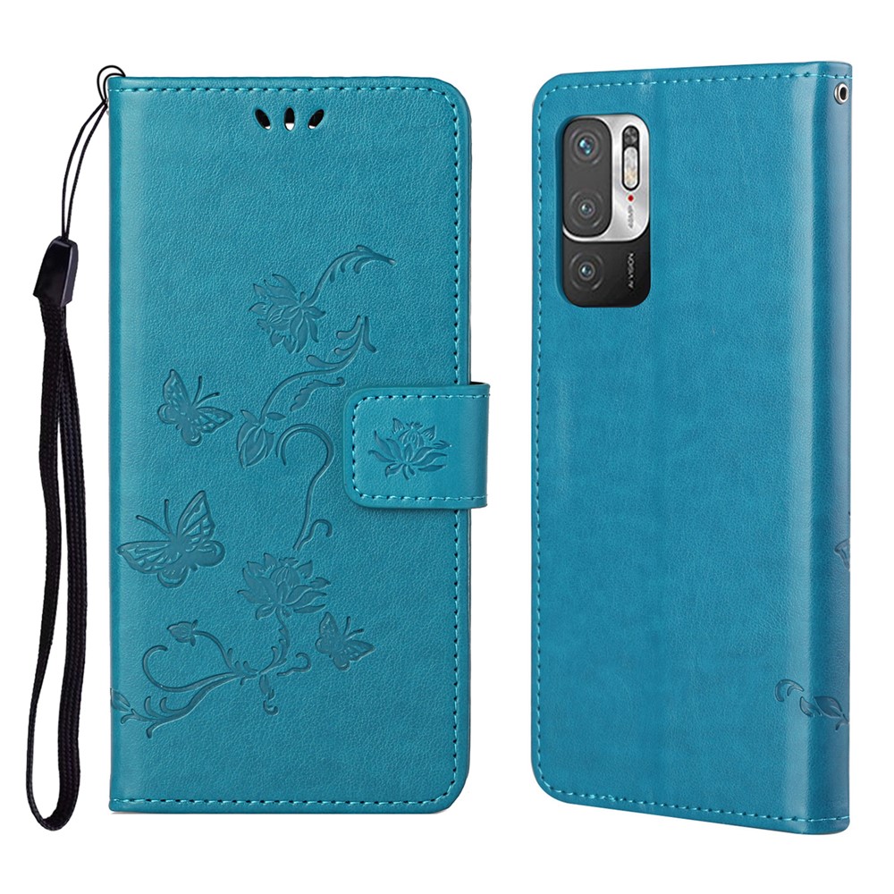 Imprint Butterfly Flower Leather Wallet Stand Case Cover for Xiaomi Redmi Note 10 5G - Blue-1