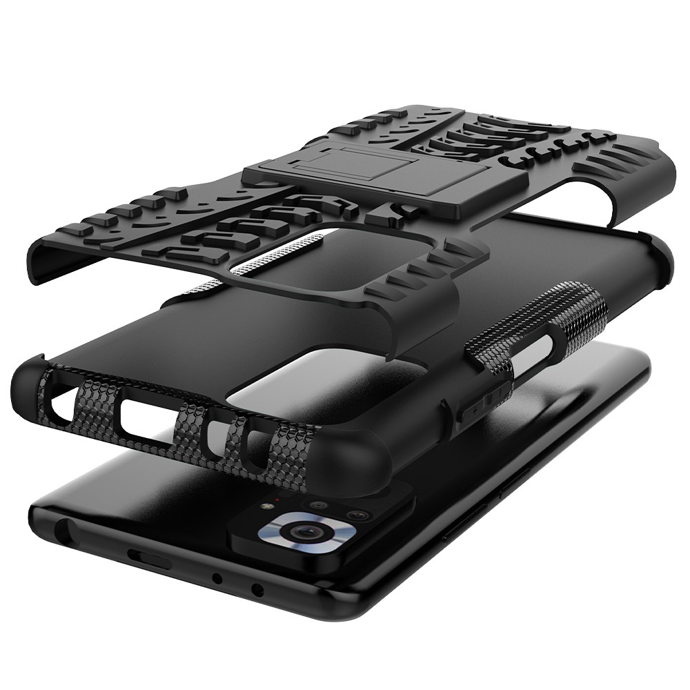 Kickstand-design 2-in-1-reifenmuster PC + Tpu-telefon Back-hülle Für Xiaomi Redmi Note 10 Pro - Schwarz