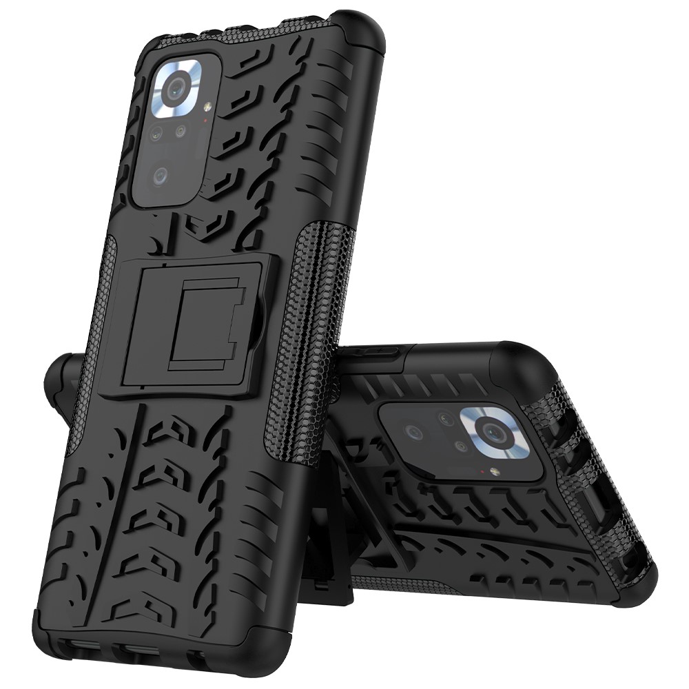 Kickstand-design 2-in-1-reifenmuster PC + Tpu-telefon Back-hülle Für Xiaomi Redmi Note 10 Pro - Schwarz