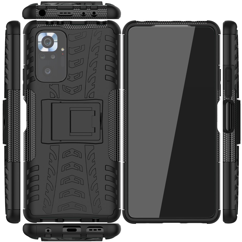 Diseño de Kickstand 2-in-1 Pater de Neumáticos PC + TPU Teléfono Back Case Para Xiaomi Redmi Note 10 Pro - Negro