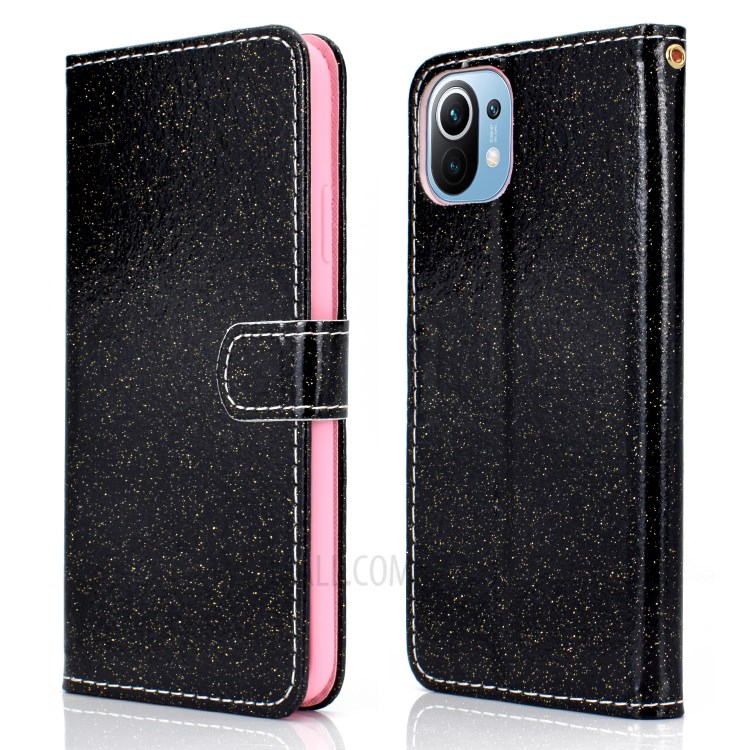 Glitter Powder Leather Wallet Stand Case with Carrying Strap for Xiaomi Mi 11 - Black-1