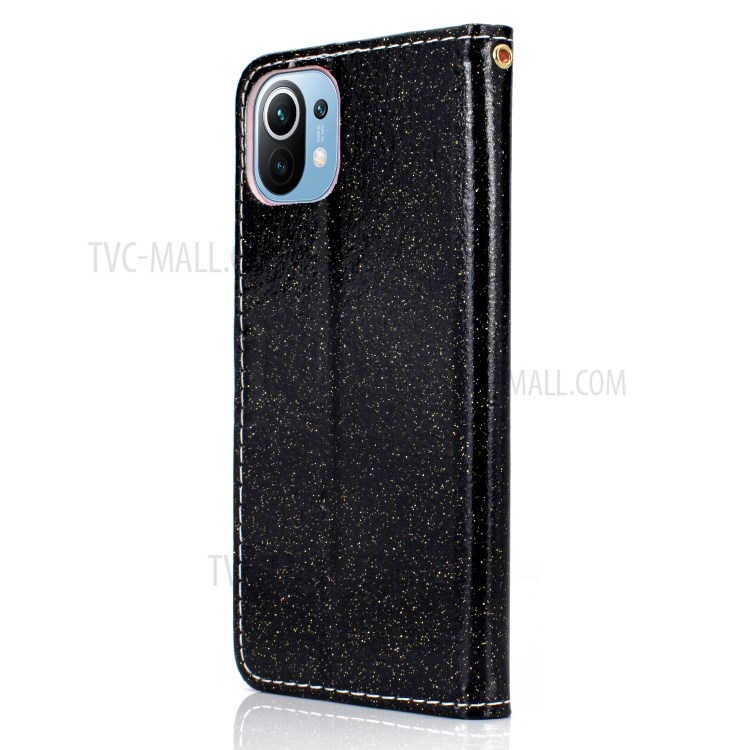 Glitter Powder Leather Wallet Stand Case with Carrying Strap for Xiaomi Mi 11 - Black-3
