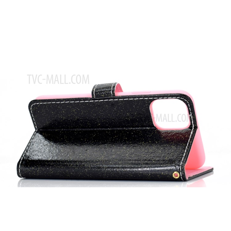 Glitter Powder Leather Wallet Stand Case with Carrying Strap for Xiaomi Mi 11 - Black-4