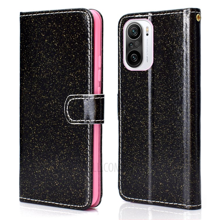 Glitter Powder Leather Wallet Stand Case for Xiaomi Redmi K40/K40 Pro - Black-1