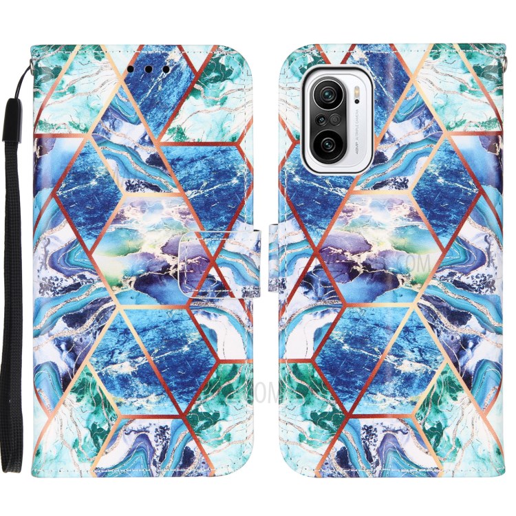 Splicing Marble Pattern Wallet Stand Design Leather Case Cover for Xiaomi Redmi K40/K40 Pro/Mi 11/Poco F3 - Blue/Green-1