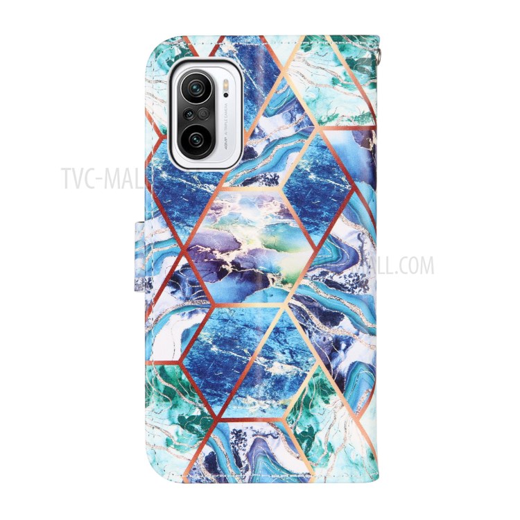 Splicing Marble Pattern Wallet Stand Design Leather Case Cover for Xiaomi Redmi K40/K40 Pro/Mi 11/Poco F3 - Blue/Green-3