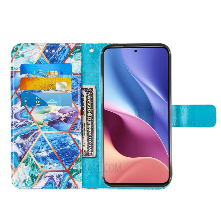 Splicing Marble Pattern Wallet Stand Design Leather Case Cover for Xiaomi Redmi K40/K40 Pro/Mi 11/Poco F3 - Blue/Green-5