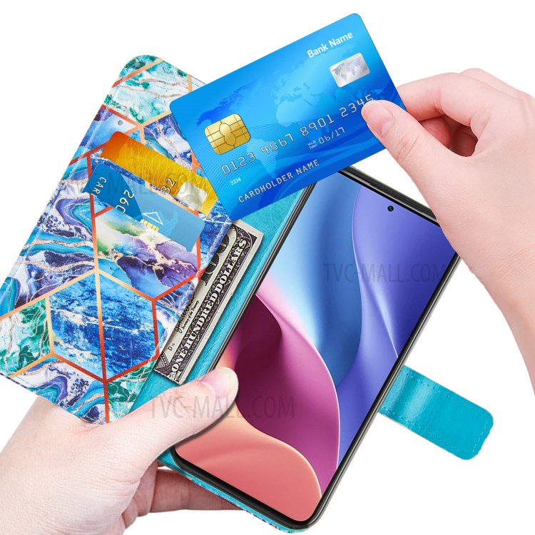 Splicing Marble Pattern Wallet Stand Design Leather Case Cover for Xiaomi Redmi K40/K40 Pro/Mi 11/Poco F3 - Blue/Green-6