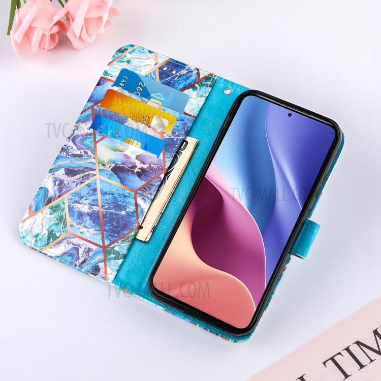 Splicing Marble Pattern Wallet Stand Design Leather Case Cover for Xiaomi Redmi K40/K40 Pro/Mi 11/Poco F3 - Blue/Green-7