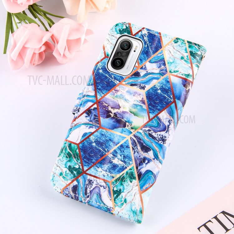 Splicing Marble Pattern Wallet Stand Design Leather Case Cover for Xiaomi Redmi K40/K40 Pro/Mi 11/Poco F3 - Blue/Green-9