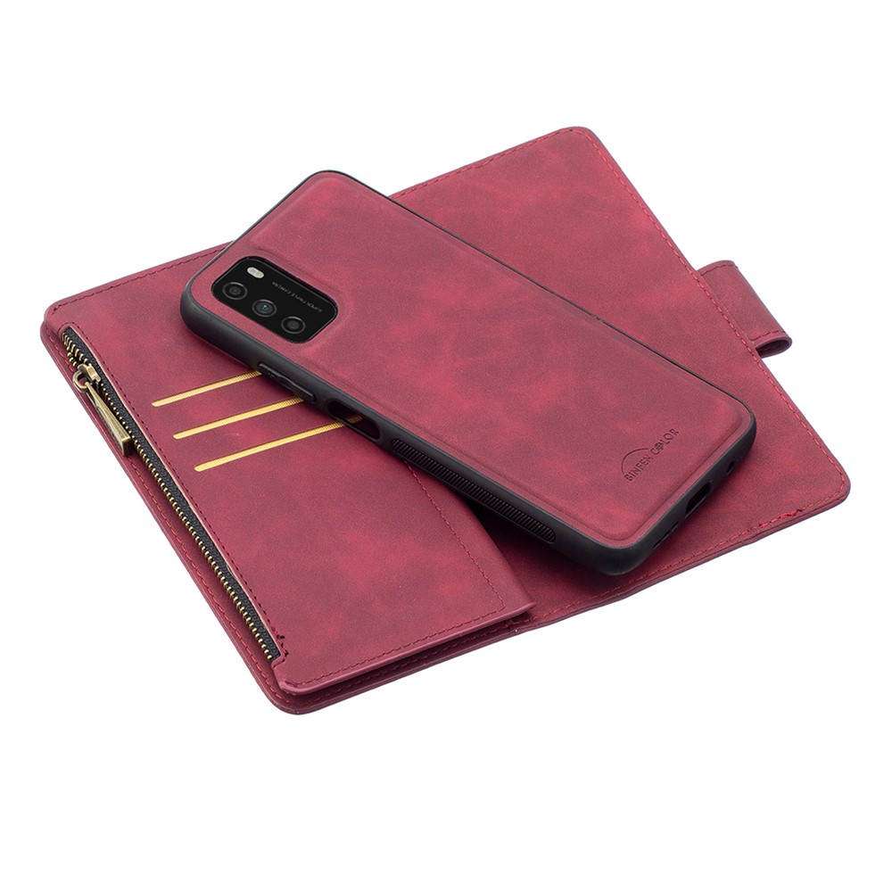 BF02 Detachable 2-in-1 Leather Phone Cover with Zipper Pocket for Xiaomi Poco M3 - Red-2