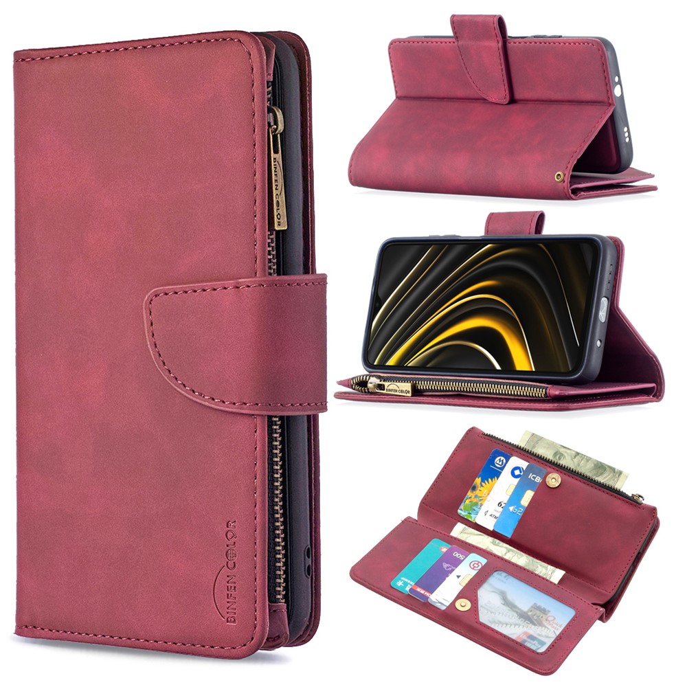 BF02 Detachable 2-in-1 Leather Phone Cover with Zipper Pocket for Xiaomi Poco M3 - Red-9