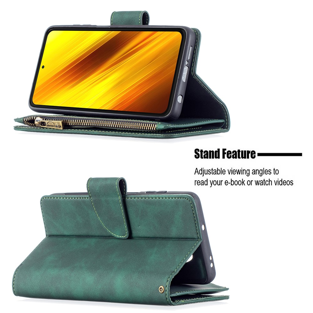 BF02 Portefeuille de Qualité Détachable Couverture de Téléphone en Cuir 2 en 1 Avec Poche à Fermeture Éclair Pour Xiaomi Poco X3 NFC / Poco X3 - Vert