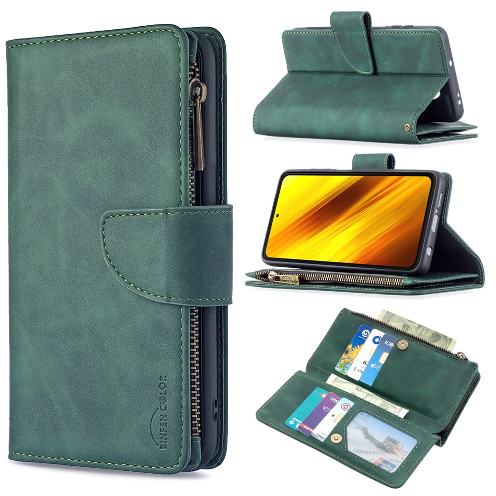 BF02 Carteira de Qualidade Destacável 2-em 1 Campa de Telefone Com Bolso Com Zíper Para Xiaomi Poco X3 Nfc / Poco X3 - Verde