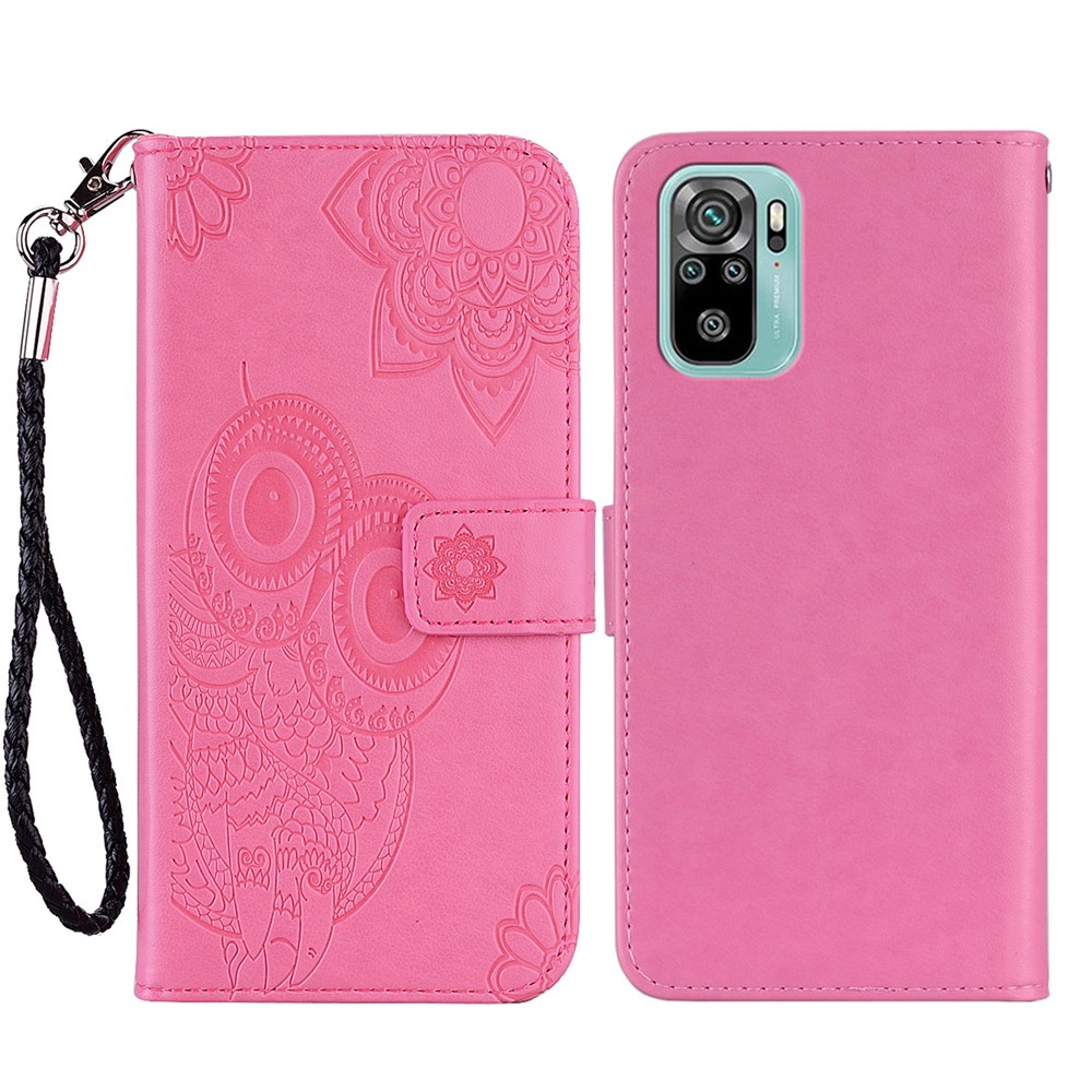 Owl & Flower Imprinted Leather Wallet Stand Phone Case for Xiaomi Redmi Note 10 4G/Note 10S - Rose-1