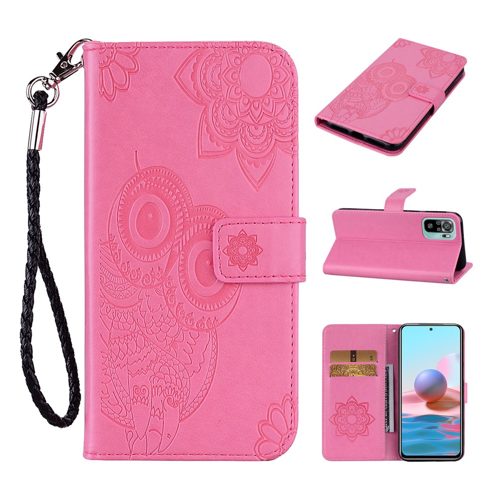 Owl & Flower Imprinted Leather Wallet Stand Phone Case for Xiaomi Redmi Note 10 4G/Note 10S - Rose-8