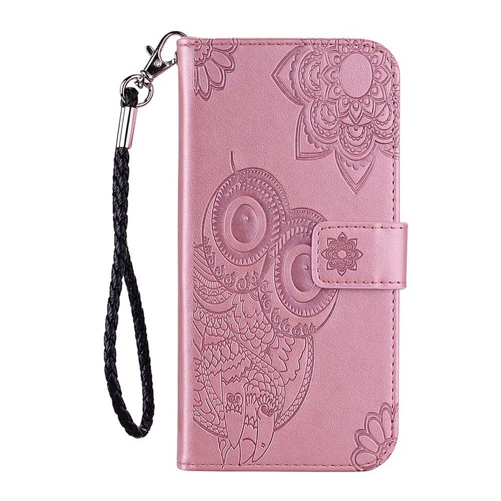 Imprint Owl Flower Leather Wallet Stand Phone Case for Xiaomi Redmi Note 9T 5G/Note 9 5G - Rose Gold-2