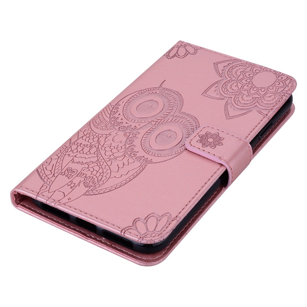 Imprint Owl Flower Leather Wallet Stand Phone Case for Xiaomi Redmi Note 9T 5G/Note 9 5G - Rose Gold-6