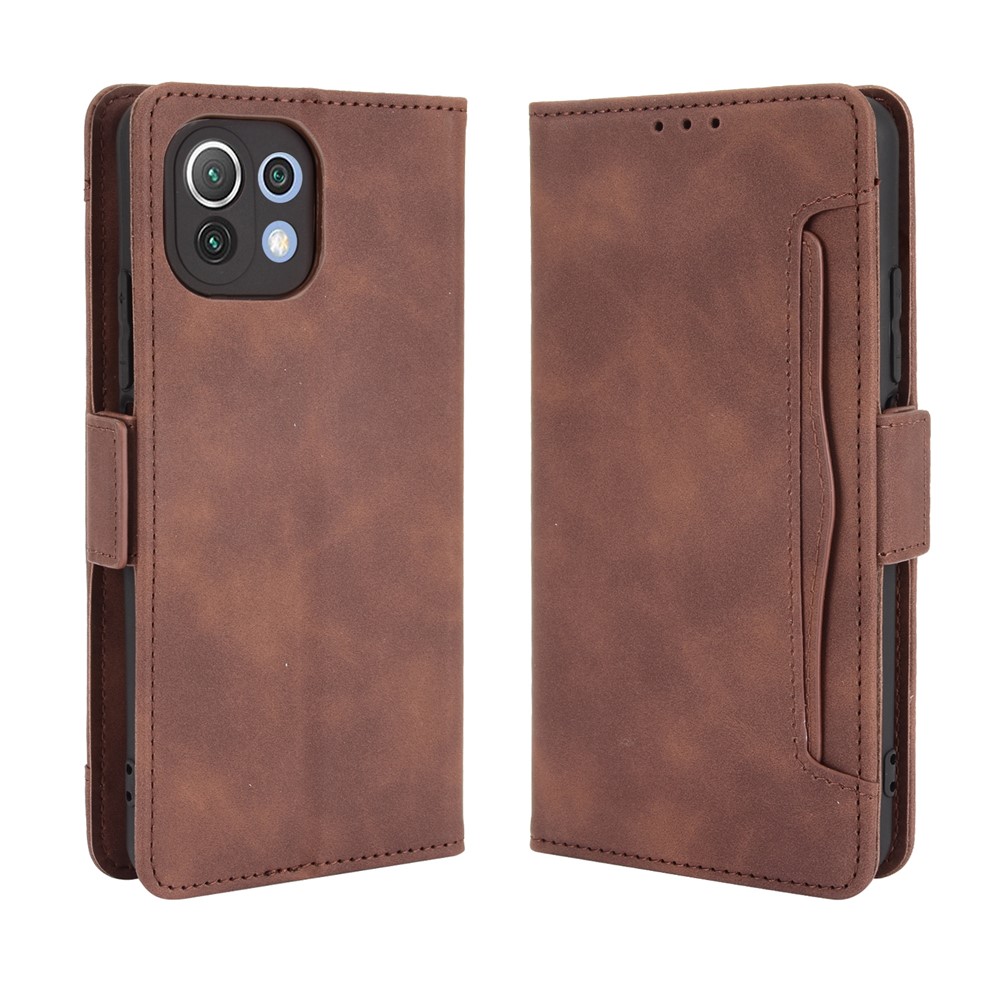 Wallet Design Multiple Card Slots Stand Leather Phone Case for Xiaomi Mi 11 Lite 4G / Mi 11 Lite 5G - Brown-1