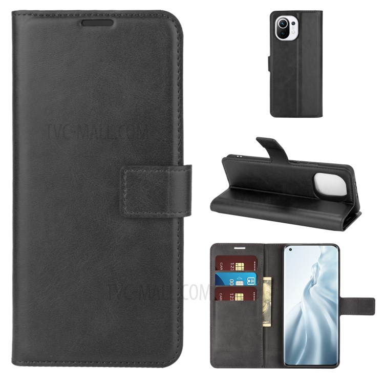 Magnetic Clasp Leather Shockproof Phone Case Wallet Stand Cover for Xiaomi Mi 11 - Black-7