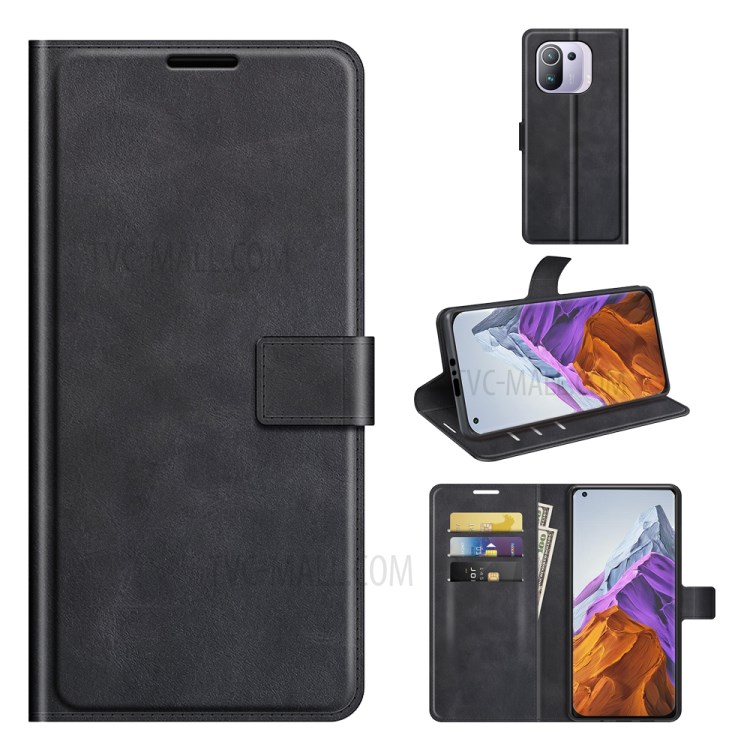 Magnetic Clasp Shockproof Phone Case Wallet Stand Flip Leather Cover for Xiaomi Mi 11 Pro - Black-8