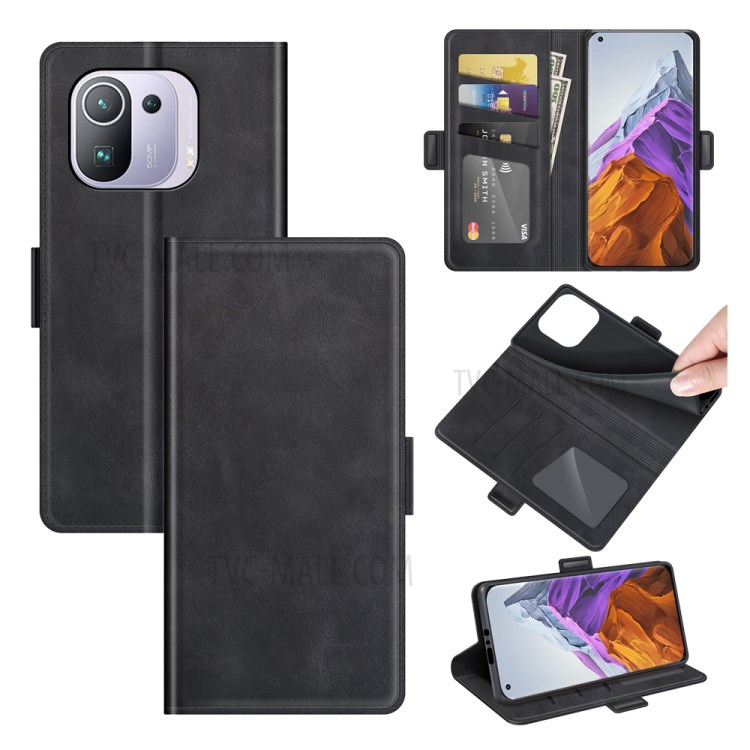 Magnetic Double Clasp PU Leather Wallet Stand Case Flip Cover for Xiaomi Mi 11 Pro - Black-8