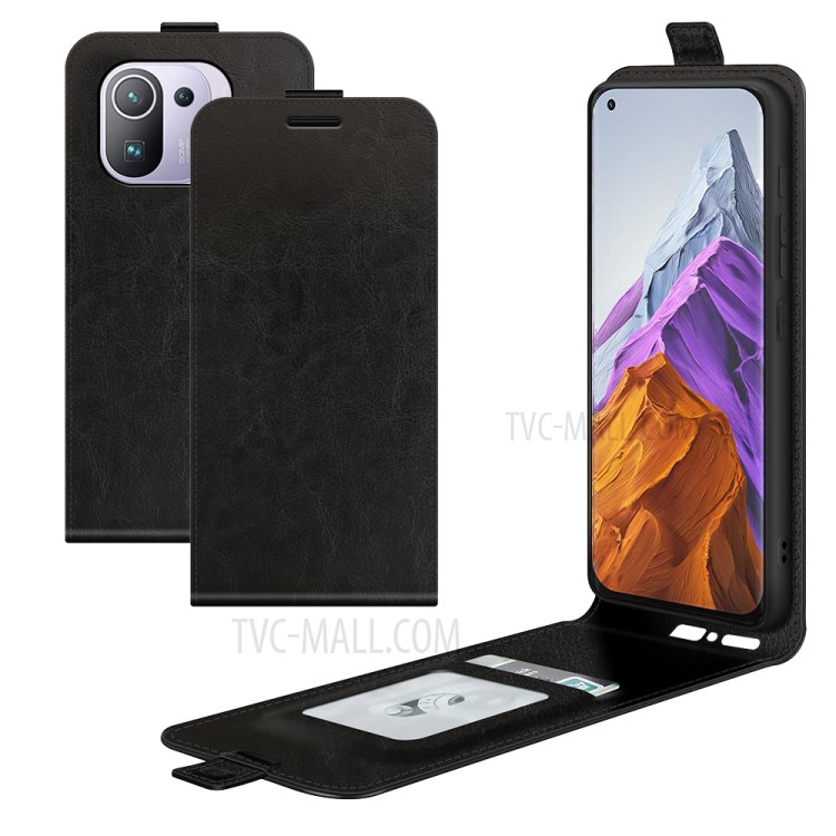 Crazy Horse Leather Protector Case Vertical Flip Phone Cover with Card Slot for Xiaomi Mi 11 Pro - Black-8