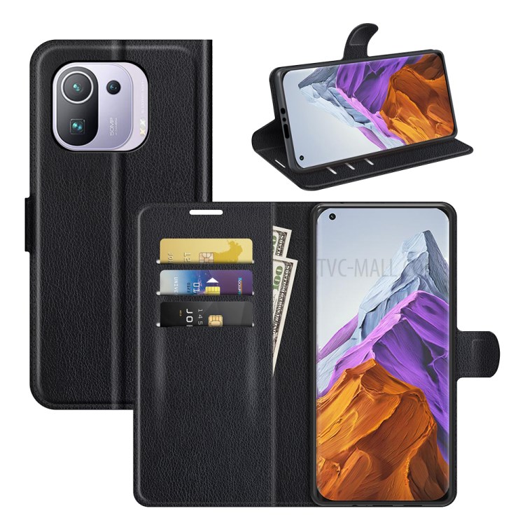 Wallet Design Litchi Texture Leather Phone Case Folio Flip Cover with Stand for Xiaomi Mi 11 Pro - Black-8