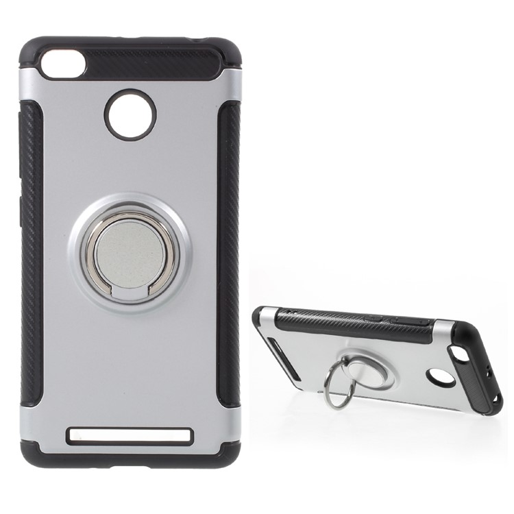 Magnetic Ring TPU PC Hybrid Case with Kickstand for Xiaomi Redmi 3s - Silver-1