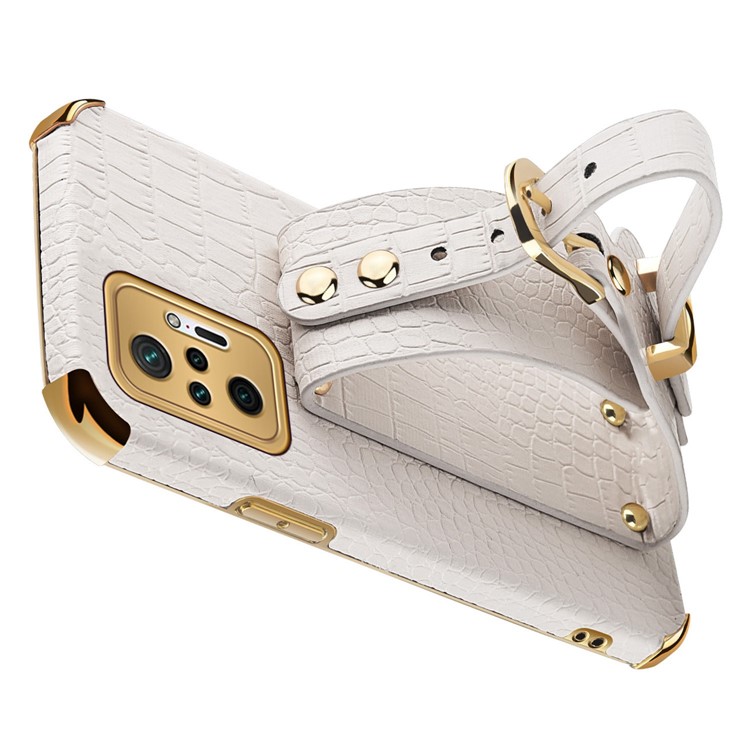 6D Electroplated Crocodile Texture Wrist Strap Design Leather Coated TPU Phone Protective Case for Xiaomi Redmi Note 10 Pro - White-12