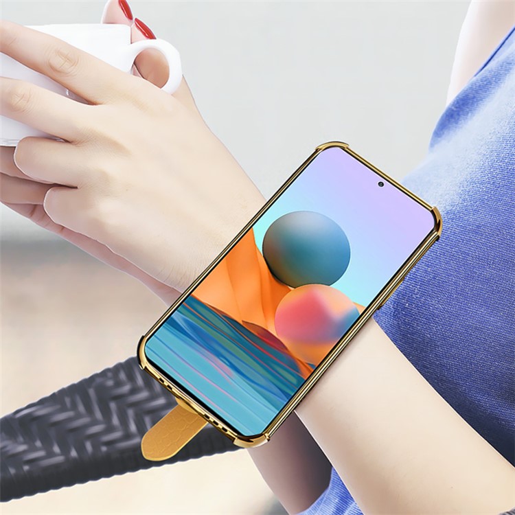 6D Electroplated Crocodile Texture Wrist Strap Design Leather Coated TPU Phone Protective Case for Xiaomi Redmi Note 10 Pro - White-13