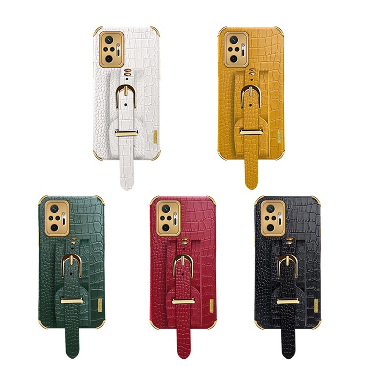 6D Electroplated Crocodile Texture Wrist Strap Design Leather Coated TPU Phone Protective Case for Xiaomi Redmi Note 10 Pro - White-14
