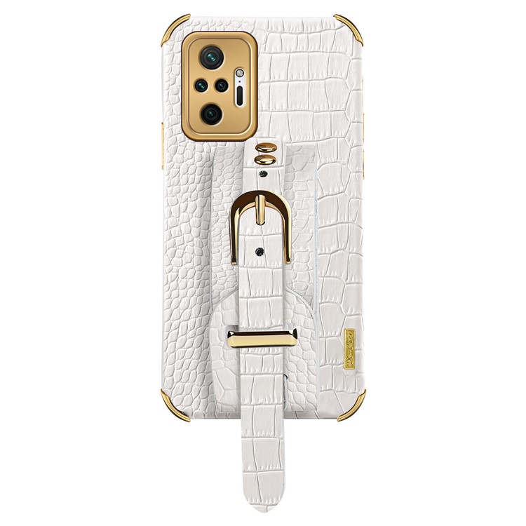 6D Electroplated Crocodile Texture Wrist Strap Design Leather Coated TPU Phone Protective Case for Xiaomi Redmi Note 10 Pro - White-2