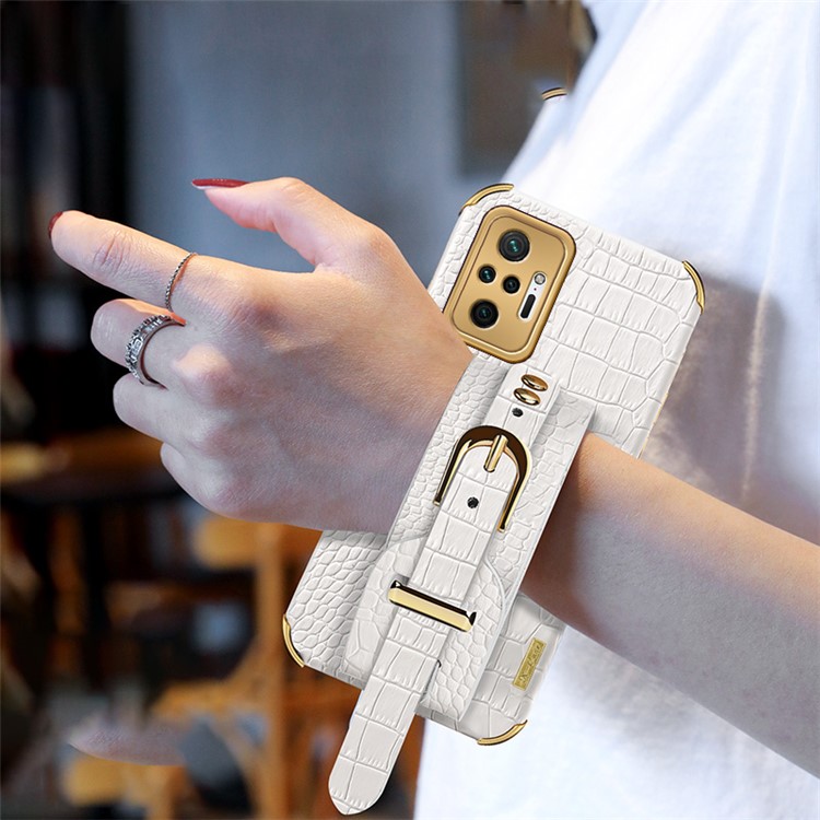 6D Electroplated Crocodile Texture Wrist Strap Design Leather Coated TPU Phone Protective Case for Xiaomi Redmi Note 10 Pro - White-4