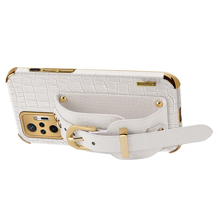 6D Electroplated Crocodile Texture Wrist Strap Design Leather Coated TPU Phone Protective Case for Xiaomi Redmi Note 10 Pro - White-5