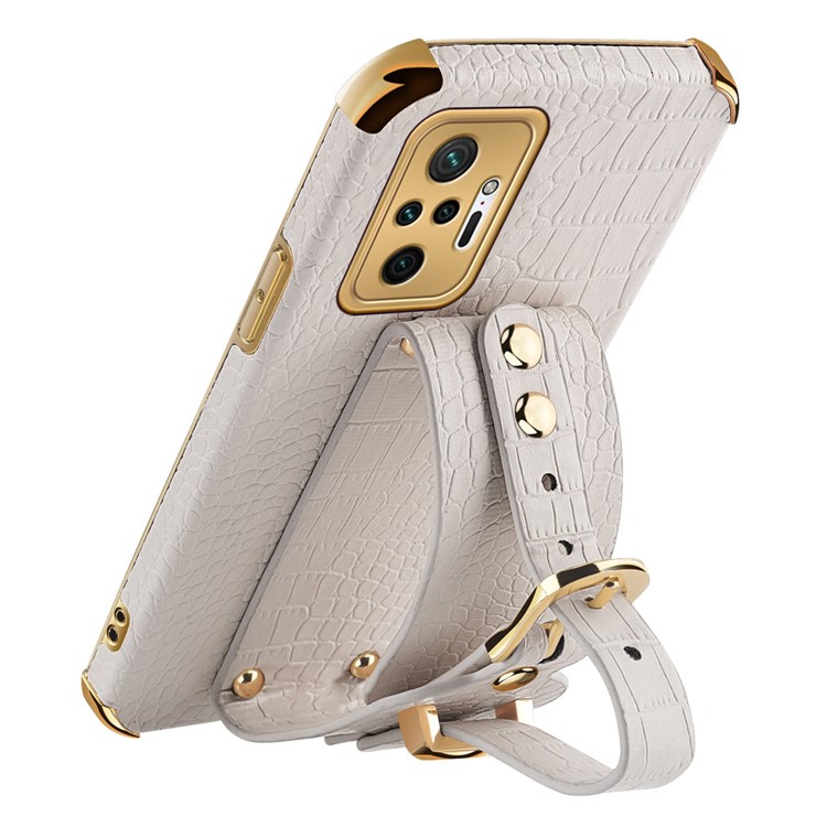 6D Electroplated Crocodile Texture Wrist Strap Design Leather Coated TPU Phone Protective Case for Xiaomi Redmi Note 10 Pro - White-6