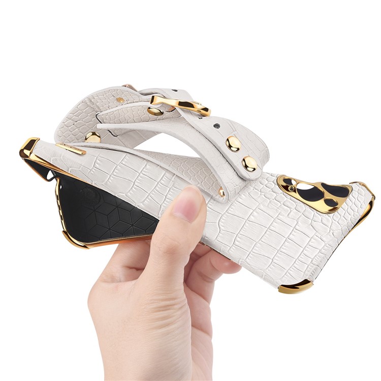 6D Electroplated Crocodile Texture Wrist Strap Design Leather Coated TPU Phone Protective Case for Xiaomi Redmi Note 10 Pro - White-7