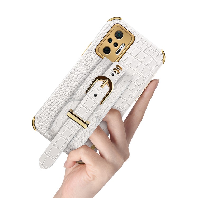 6D Electroplated Crocodile Texture Wrist Strap Design Leather Coated TPU Phone Protective Case for Xiaomi Redmi Note 10 Pro - White-8
