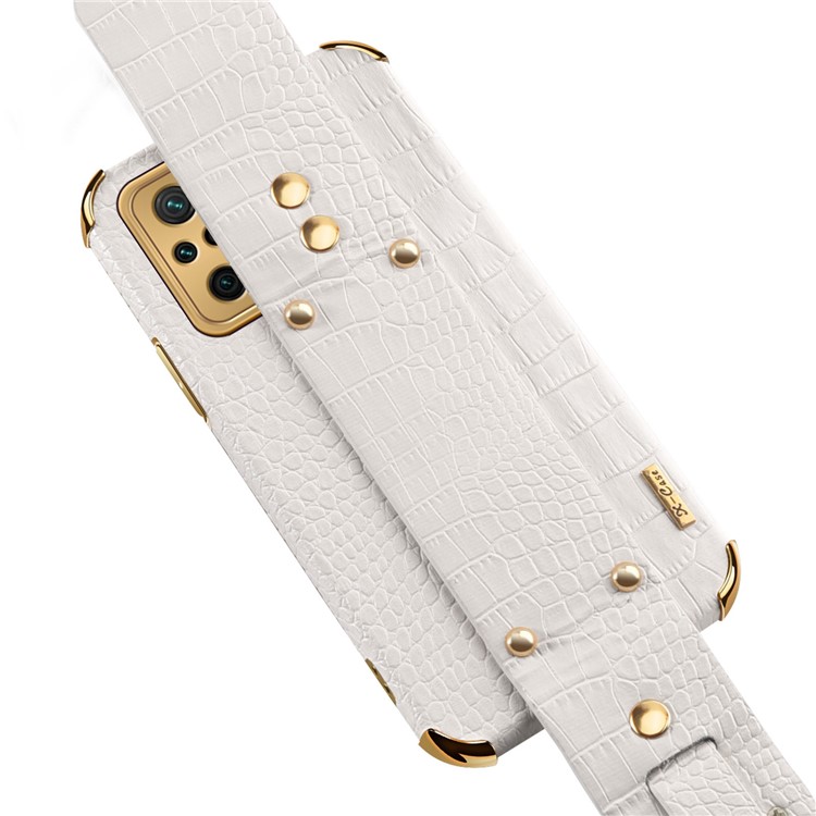 6D Electroplated Crocodile Texture Wrist Strap Design Leather Coated TPU Phone Protective Case for Xiaomi Redmi Note 10 Pro - White-9