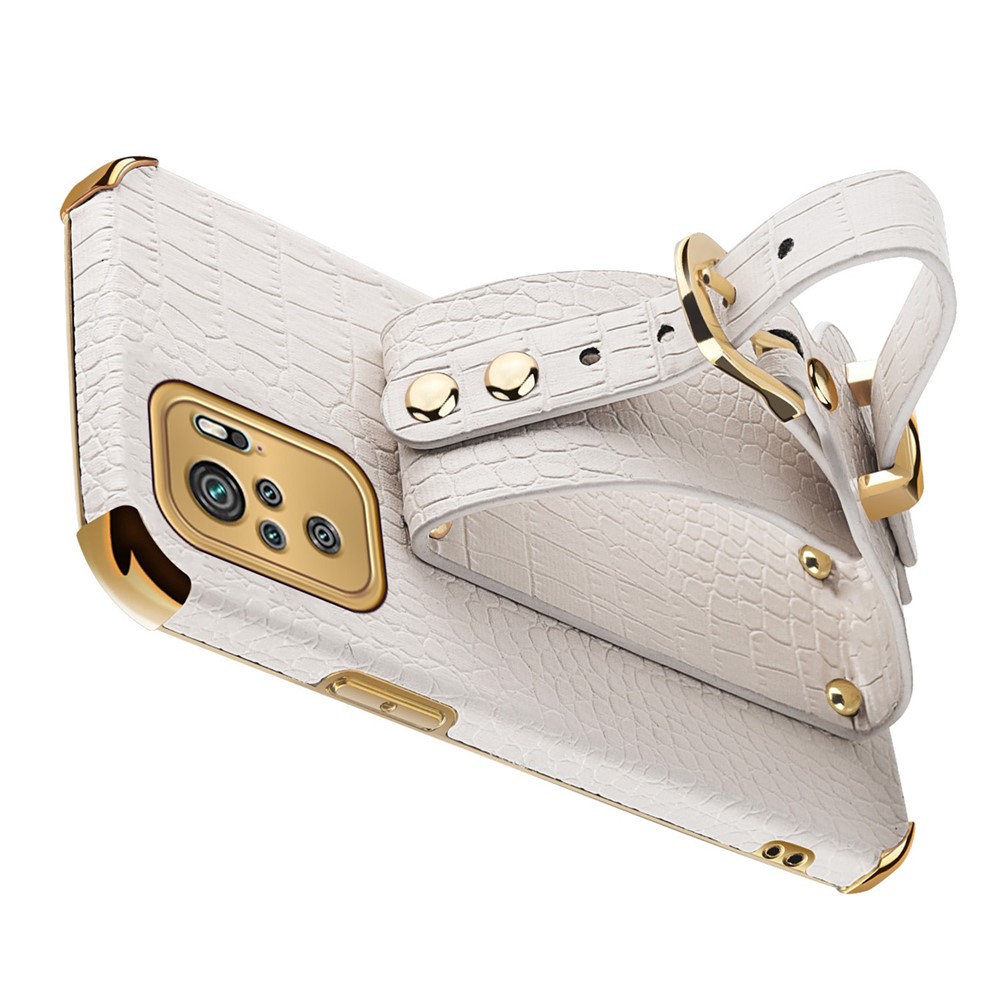 6D Electroplated Wrist Strap Design Crocodile Texture PU Leather Coated TPU Hybrid Phone Cover Case for Xiaomi Redmi Note 10 4G/Note 10S - White-14