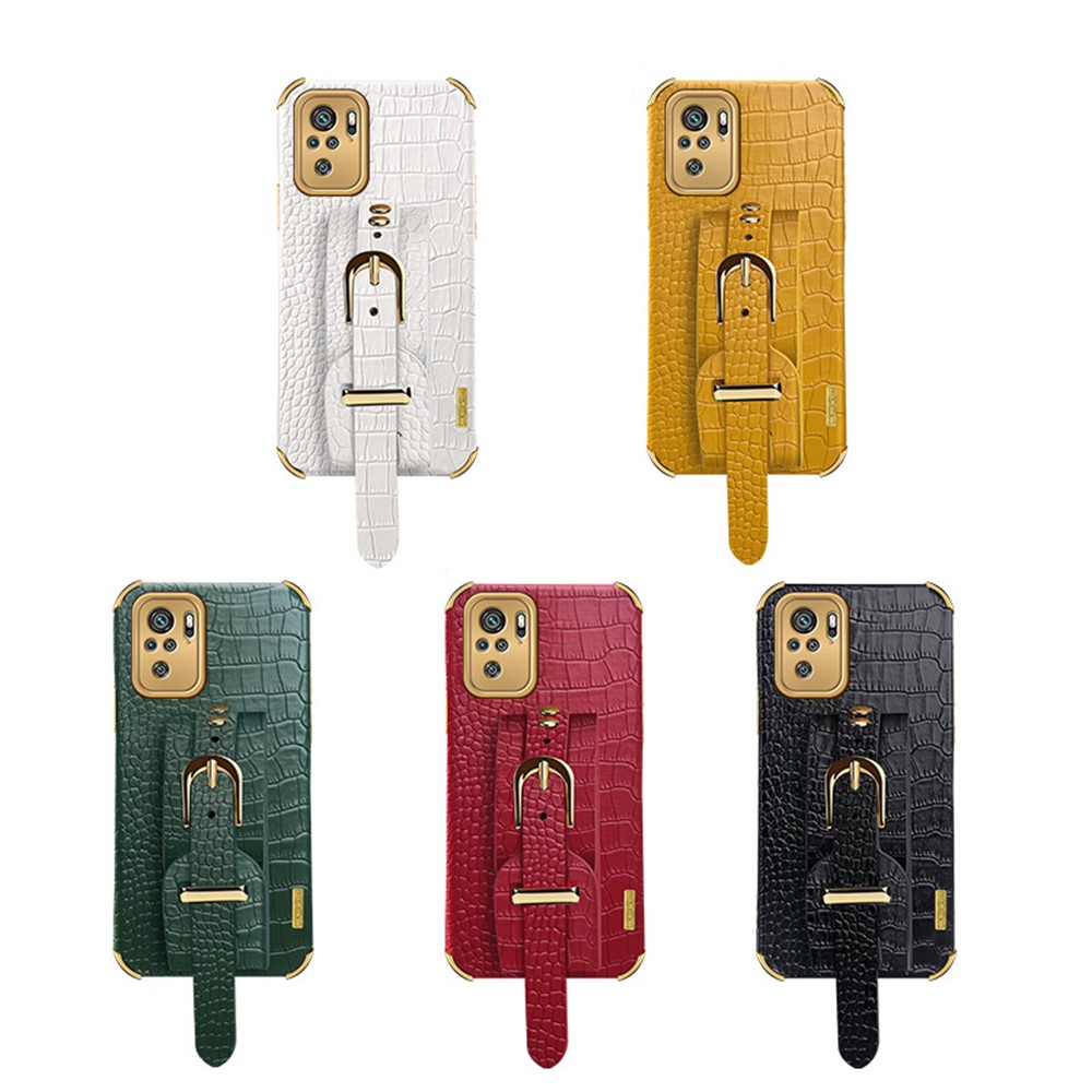 6D Electroplated Wrist Strap Design Crocodile Texture PU Leather Coated TPU Hybrid Phone Cover Case for Xiaomi Redmi Note 10 4G/Note 10S - White-15