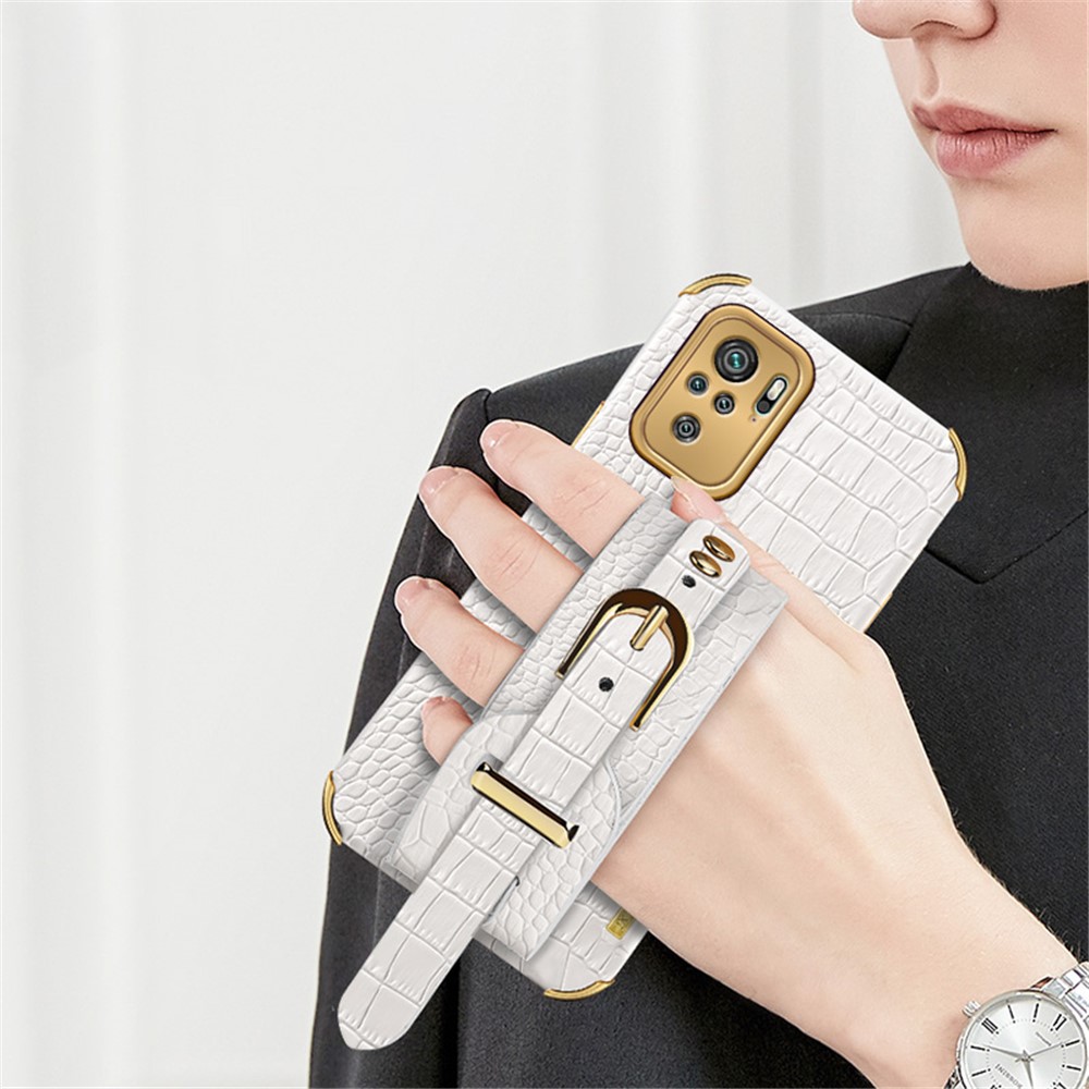 6D Electroplated Wrist Strap Design Crocodile Texture PU Leather Coated TPU Hybrid Phone Cover Case for Xiaomi Redmi Note 10 4G/Note 10S - White-4