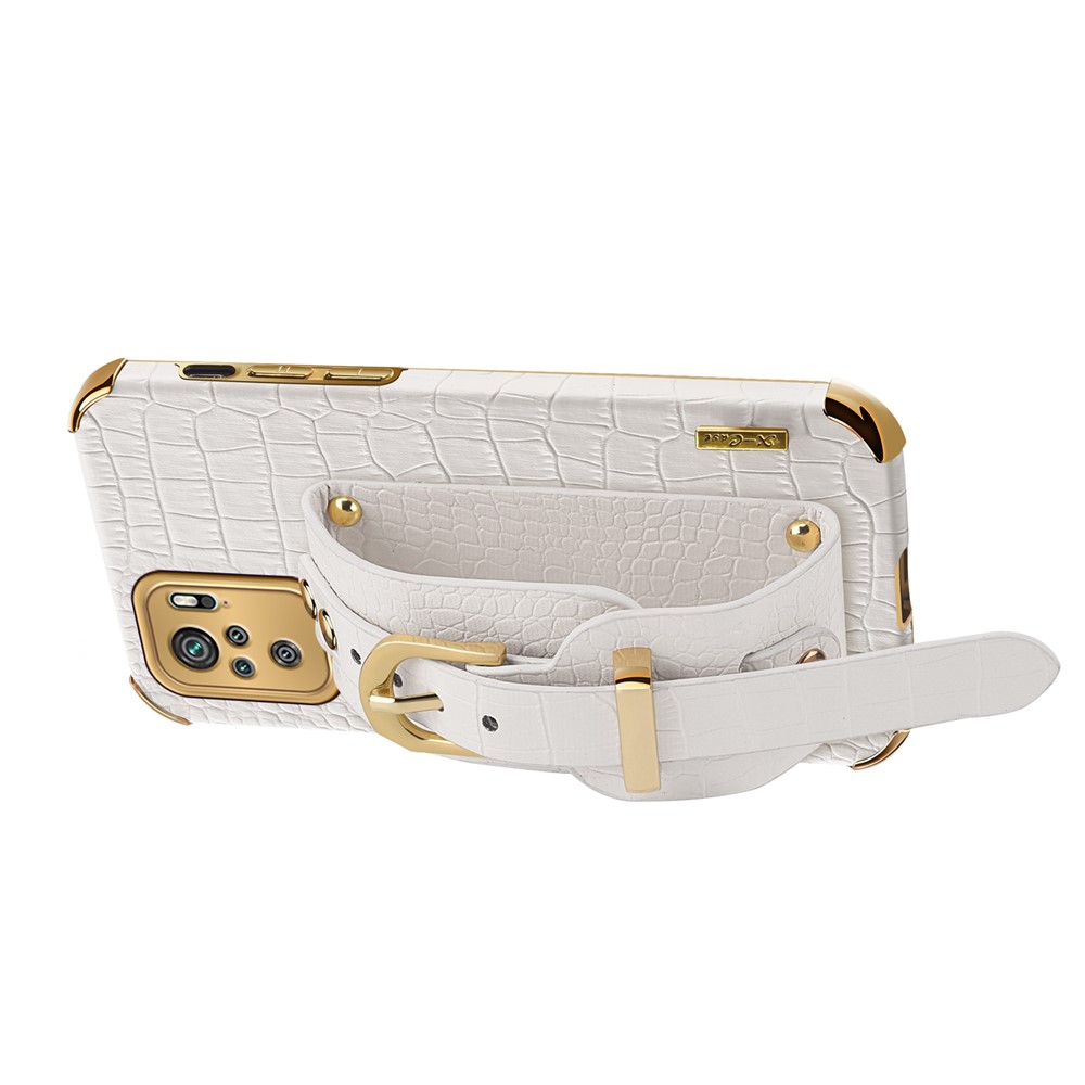 6D Electroplated Wrist Strap Design Crocodile Texture PU Leather Coated TPU Hybrid Phone Cover Case for Xiaomi Redmi Note 10 4G/Note 10S - White-5