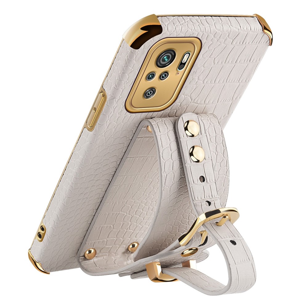6D Electroplated Wrist Strap Design Crocodile Texture PU Leather Coated TPU Hybrid Phone Cover Case for Xiaomi Redmi Note 10 4G/Note 10S - White-6