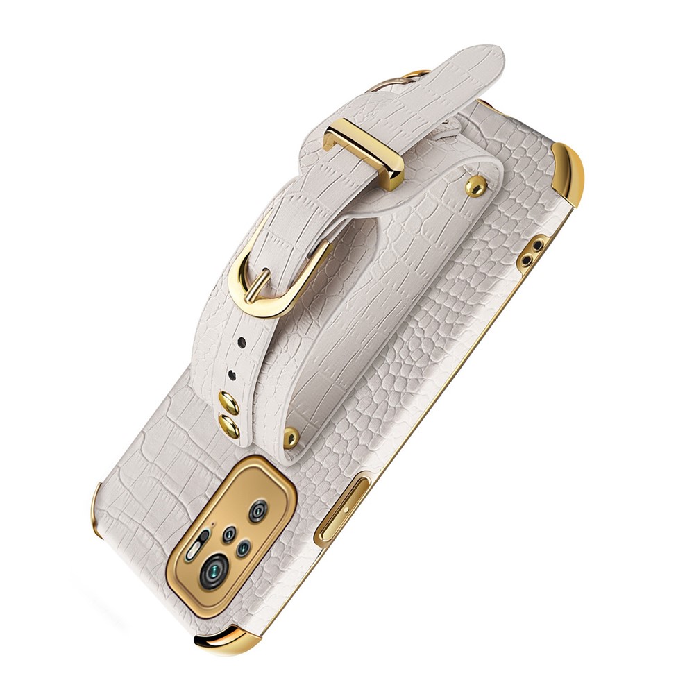 6D Electroplated Wrist Strap Design Crocodile Texture PU Leather Coated TPU Hybrid Phone Cover Case for Xiaomi Redmi Note 10 4G/Note 10S - White-8